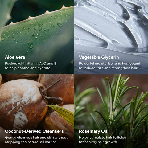 Collage of aloe vera, vegetable glycerin, coconut, and rosemary oil with text describing their benefits.