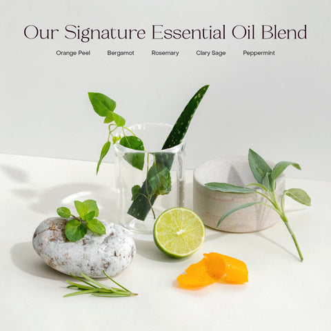 Essential oil blend with plants and a lime on a white background
