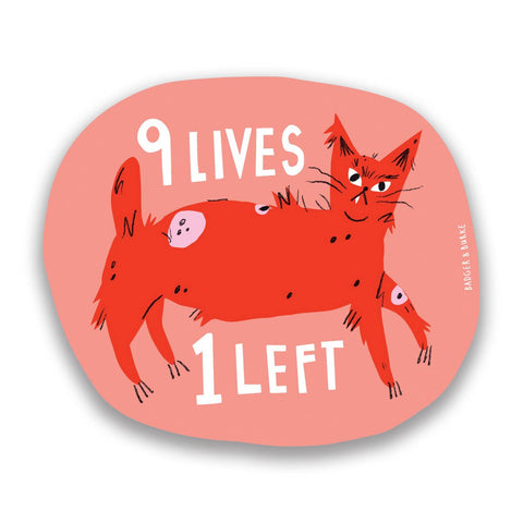 Sticker with a red cat illustration and text '9 lives 1 left' on a pink background
