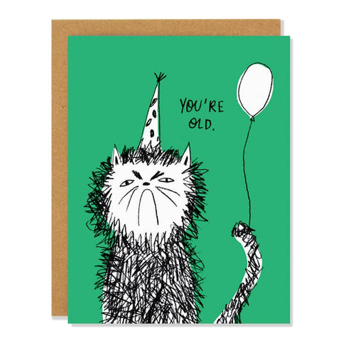 Greeting card with a black and white illustration of a cat wearing a party hat and holding a balloon reading: "You're Old.", on a green background.