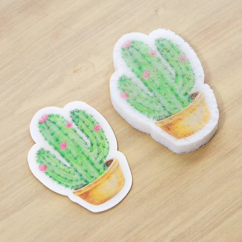 Two cactus-shaped stickers on a wooden surface