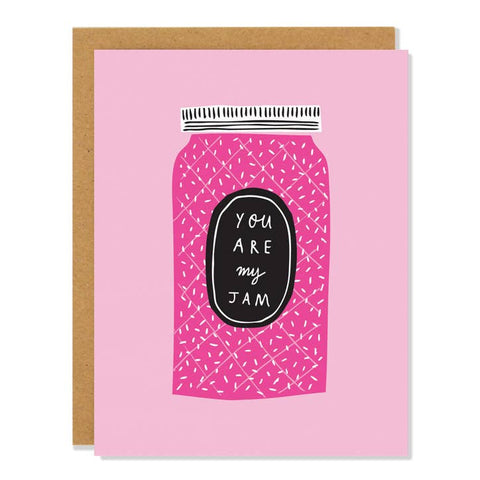 Greeting card with pink jar design and 'You are my jam' text on a white background
