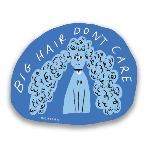 Sticker with a dog illustration and 'Big Hair Don't Care' text on a blue background