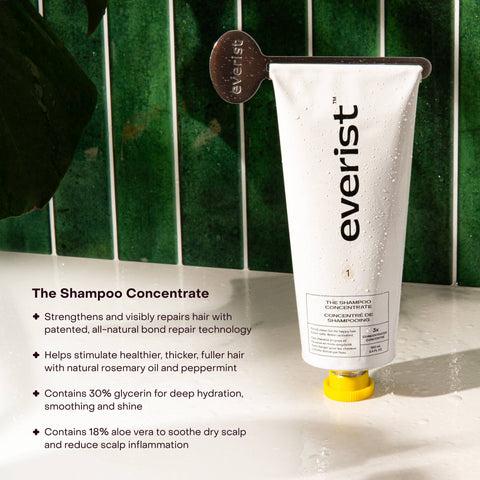 Everist shampoo concentrate tube with product details on a green tiled wall background