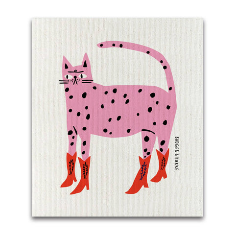 Pink cat with black spots and red western boots on a white background. Badger & Burke