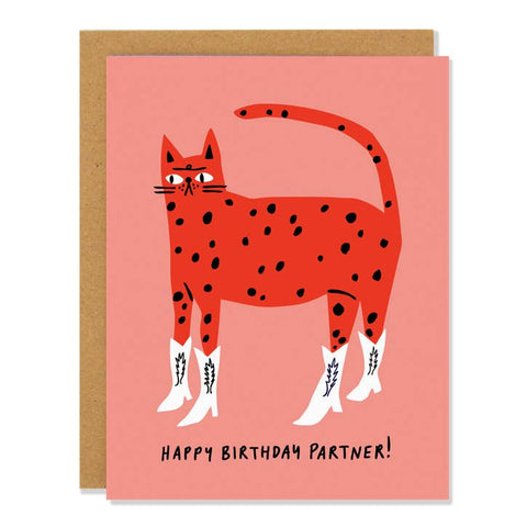 Greeting card with a red polka dot cat illustration and 'Happy Birthday Partner!' text on a pink background.