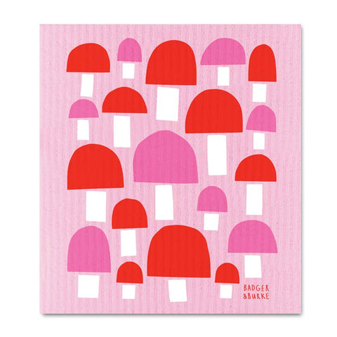 Pink swedish cloth with red and pink mushroom pattern, featuring the brand 'Badger & Burke'.