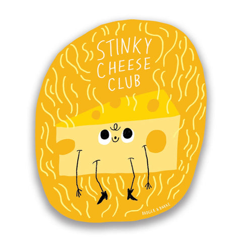 Illustration of a cheese character with 'Stinky Cheese Club' text on a yellow sticker
