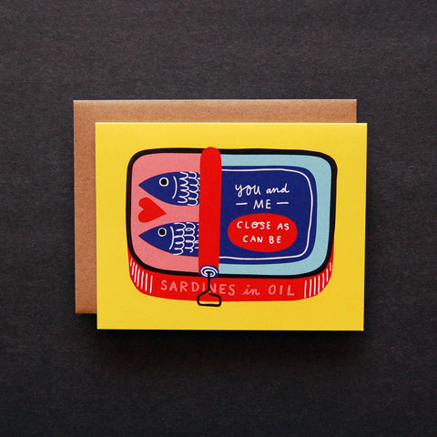 Greeting card with fish illustration and text on a yellow background