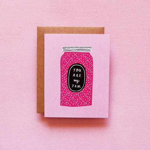 Greeting card with pink jar design and 'You are my jam' text on a pink background
