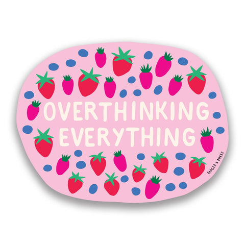 Pink oval sticker with strawberry pattern and 'Overthinking Everything' text on a white background