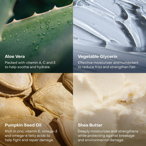 Collage of aloe vera, vegetable glycerin, pumpkin seed oil, and shea butter. Everist conditioner.