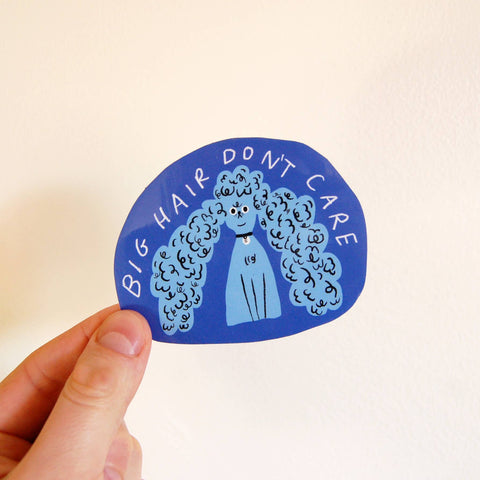 Sticker with 'Big Hair Don't Care' text held by a hand on a light background