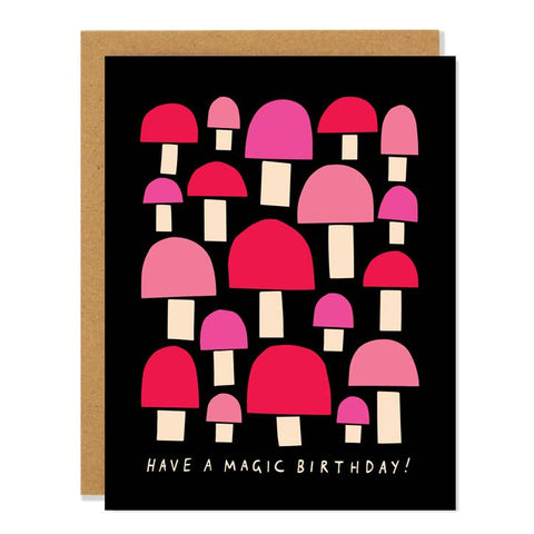 Greeting card with pink and red mushroom pattern and 'Have a magic birthday!' text on a black background.