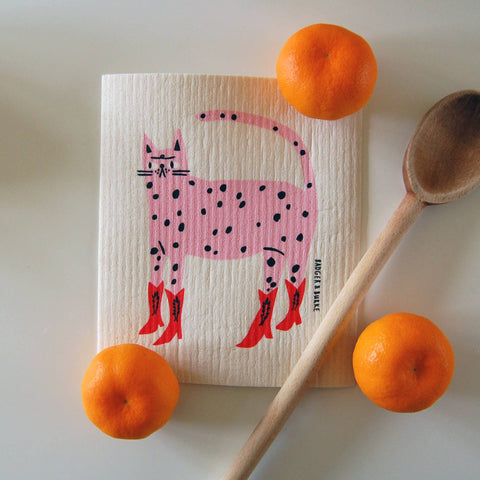 Swedish dishcloth with a pink cat design