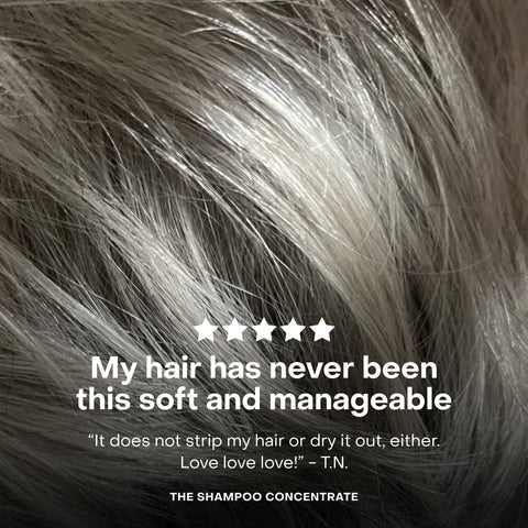 Close-up of gray hair with a five-star rating and customer review text overlay.
